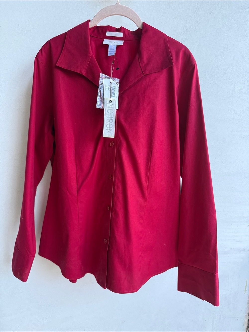 Chico's no-iron shirt Bright Red Cardinal Cotton Button-Down Effortless LS 2 L